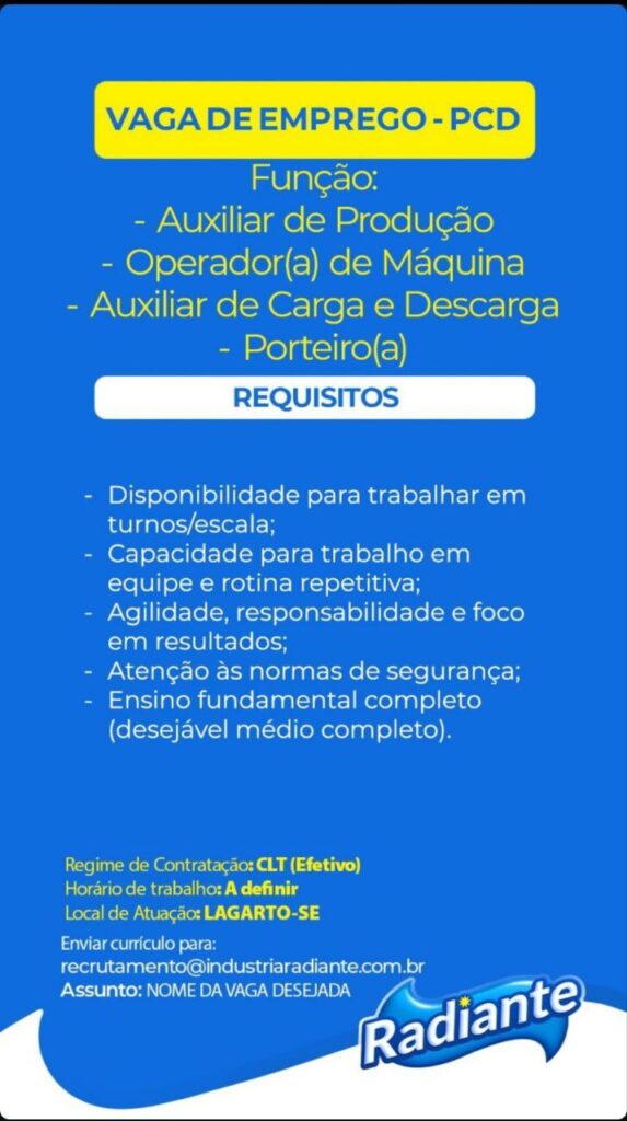 vaga de emprego PCD em Lagarto