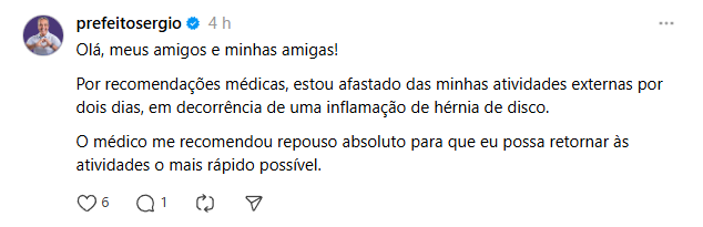 afastamento do prefeito Sérgio por recomendação médica