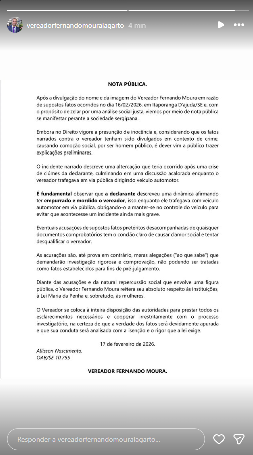 Nota pública divulgada por vereador de Lagarto sobre investigação em Itaporanga D’Ajuda