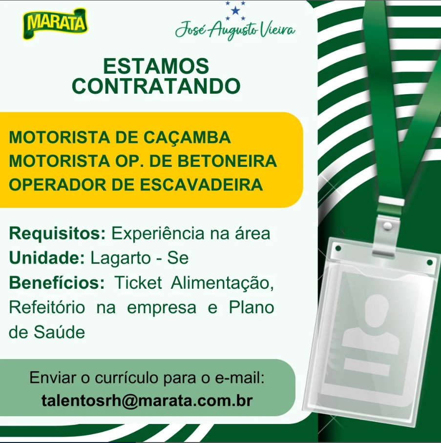 Novas vagas de emprego na empresa Maratá em Lagarto, Sergipe