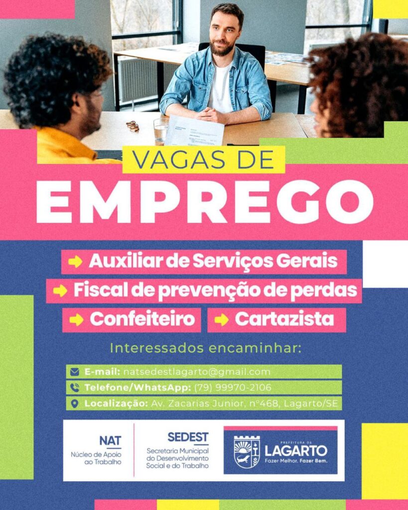 Vagas de emprego divulgadas pelo NAT da Prefeitura de Lagarto