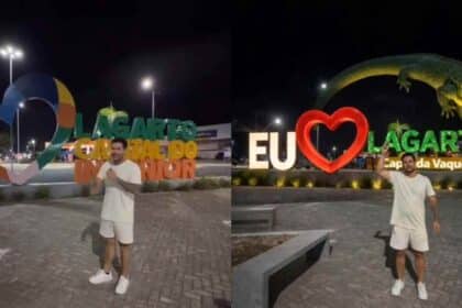 Influenciador Anderson (196 Sonhos) visitando o letreiro de entrada de Lagarto, Sergipe.