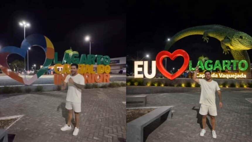 Influenciador Anderson (196 Sonhos) visitando o letreiro de entrada de Lagarto, Sergipe.