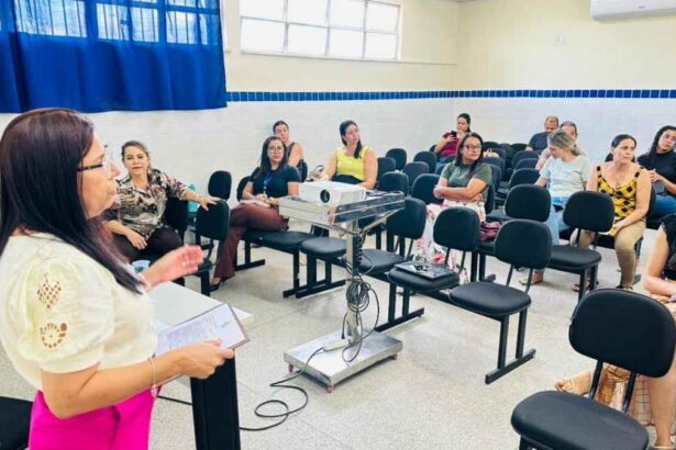 Profissionais de saúde e educação em reunião de planejamento em Lagarto.