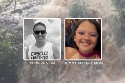 Montagem com a foto das vitimas e no fundo a cachoeira