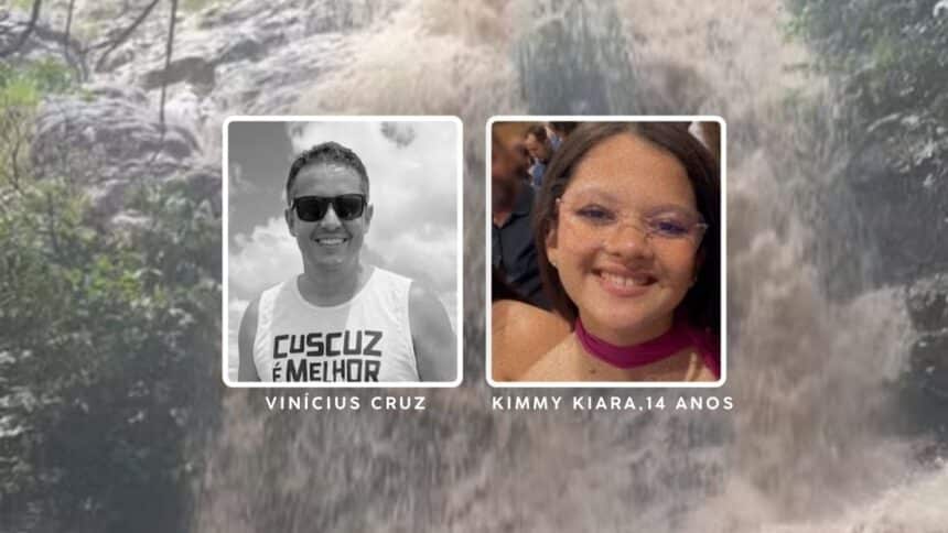 Montagem com a foto das vitimas e no fundo a cachoeira