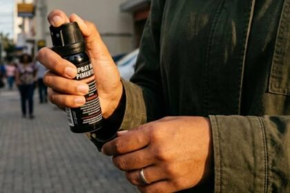 Dispositivo portátil de spray aerossol em foco sobre fundo neutro
