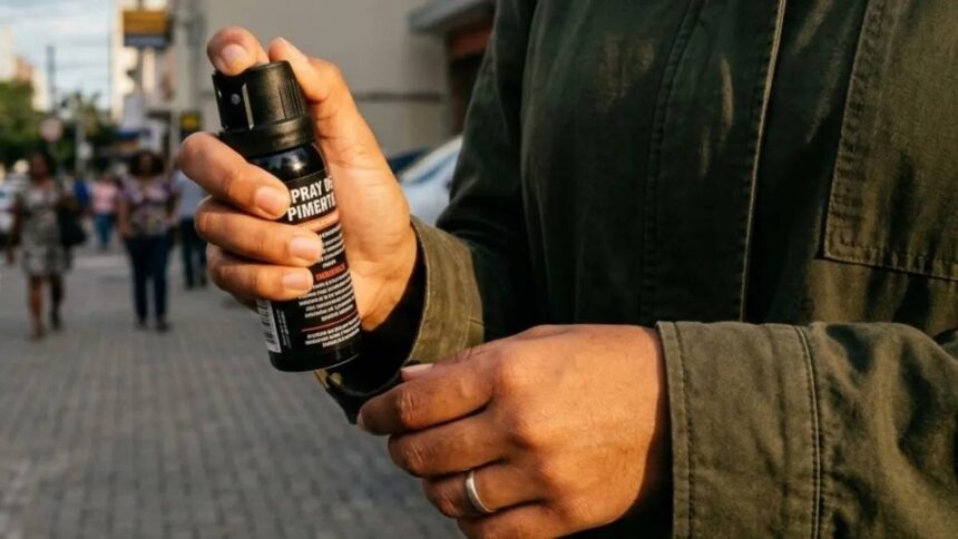 Dispositivo portátil de spray aerossol em foco sobre fundo neutro