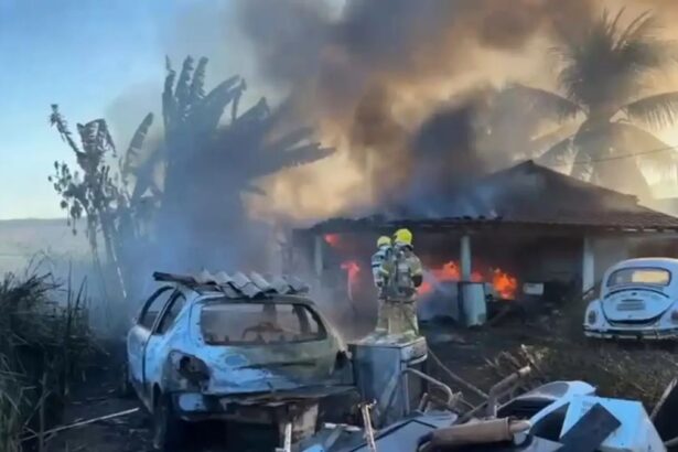 Bombeiros Militares combatendo chamas e realizando rescaldo em terreno de Lagarto.