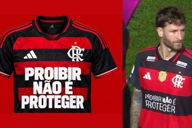 Detalhe do uniforme do Flamengo com o slogan de protesto.