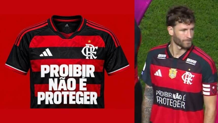 Detalhe do uniforme do Flamengo com o slogan de protesto.
